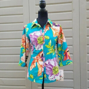 Rene Derhy Cotton Floral Blouse Button Shirt Womens Colorful Medium Beaded
